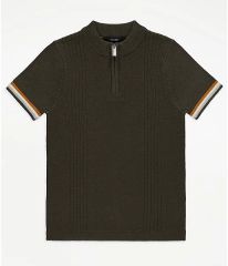 Khaki Knitted Collarless Polo Top