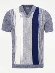 Grey Marl Striped Knitted Polo Top