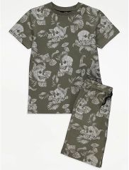 Khaki Skull Leaf T-Shirt and Shorts Outfit