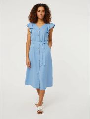 Blue Linen Blend Frill Midi Dress