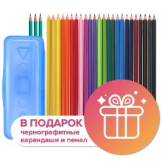 9317648 Карандаши 24 цвета Calligrata, ЭКОНОМ, заточенные, шестигранные, пластиковые, пенал-футляр и 3 чернографитных карандаша с ластиком в ПОДАРОК, МИКС