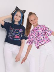 481659 Апрель Футболка темно-синий+сердечки леопард на розовом / Граффити на темном