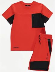 Red Colour Block T-Shirt and Shorts Outfit