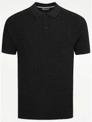 Black Textured Knitted Polo Top