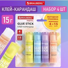 9719664 Клей-карандаш PVP 15г BRAUBERG PASTEL, Набор 4шт , блистер 271250