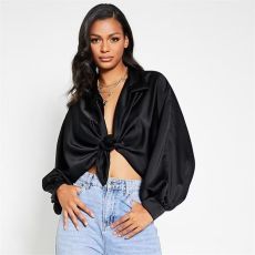 I Saw It First Satin Tie Front Cropped Shirt