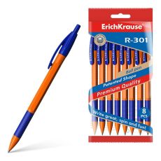 9560179 Набор ручек шариковых автоматических, 8 штук, ErichKrause R-301 Orange Matic&Grip, резиновый упор, узел 0.7 мм, цвет чернил синий