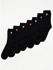 Heart Embroidered Black Ankle Socks 7 Pack