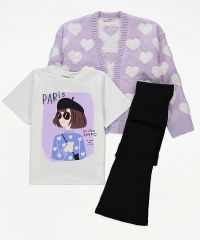 Lilac Heart Cardigan Paris T-Shirt and Ribbed Flares Outfit