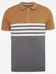 Tan Striped Knitted Polo Top