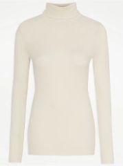 Cream Ribbed Roll Neck Long Sleeve Top