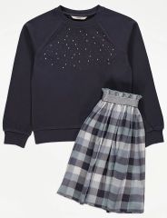 Navy Sparkle Sweatshirt and Grey Checked Skirt Outfit