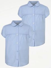 Girls Blue Front Picot Trim Short Sleeve School Blouse 2 Pack