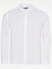 White Linen Blend Grandad Collar Shirt