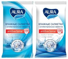ЦЕНА ЗА 6 ШТ! 1626731 Влажные салфетки Aura Family, c антибактериальным эффектом, 15 шт