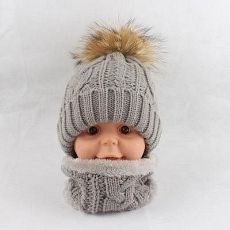 Шапка с бомбоном из меха енота+ снуд, 7 расцветок