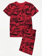Red Graffiti Print T-Shirt and Shorts Outfit