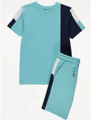Turquoise Colour Block T-Shirt and Shorts Outfit