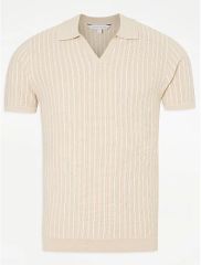 Neutral Striped V Neck Knitted Polo Top