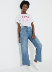 Mid Wash Ripped Wide Leg Jeans