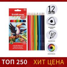 1365493 Карандаши 12 цветов Erich Krause, трёхгранные, деревянные, грифель 3 мм, европодвес