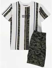 Khaki Camouflage Print Woven T-Shirt and Shorts Outfit