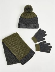 Khaki Cable Knit Hat Scarf and Gloves Set