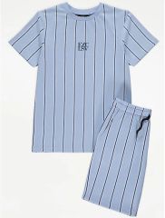 Blue Striped Jersey T-Shirt and Shorts Outfit