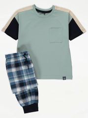 Sage Green Colour Block Checked Woven Pyjamas