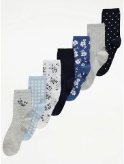Blue Gingham Cotton Rich Ankle Socks 7 Pack