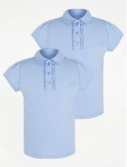 Girls Light Blue Ruffle School Polo Shirt 2 Pack