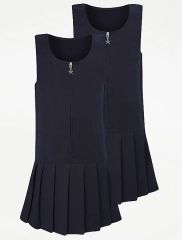 Girls Navy Drop Waist Pleat School Pinafore Dress 2 Pack