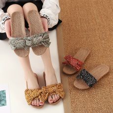 Летние женские льняные тапочки с бантом, домашние и уличные