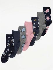 Navy Assorted Floral Ankle Socks 7 Pack
