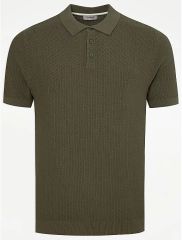 Khaki Textured Knitted Polo Top