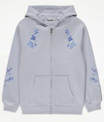 Light Blue Floral Embroidered Zip Through Hoodie