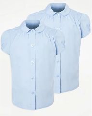 Girls Light Blue Short Sleeve Shirred School Blouse 2 Pack