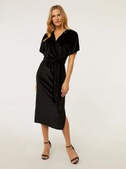 Black Velour Wrap Midi Dress