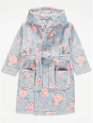 Blue Floral Fleece Hooded Dressing Gown