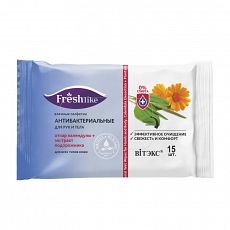 029382 Витэкс Fresh Like. Влажные салфетки Антибактериальные для рук и тела Отвар календулы + экстракт подорожника 15шт.