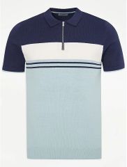 Blue Striped Knitted Polo Top