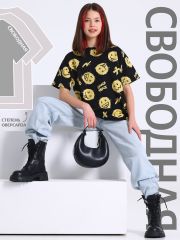 487849 Апрель Футболка желтые смайлы на черном