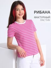 522262 Апрель Футболка полоска белая на ярко-розовом+белый