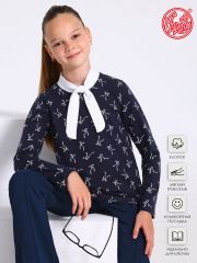552132 Апрель Лонгслив белые бантики на темно-синем+белый