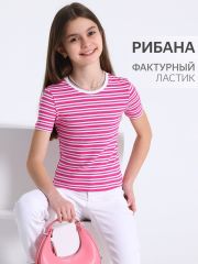 515419 Апрель Футболка полоска белая на ярко-розовом+белый