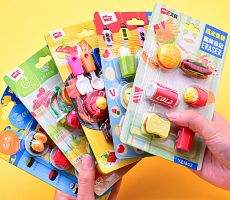 Две набора ластиков в виде продуктов