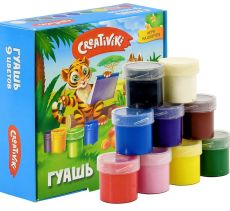 Гуашь 20 мл 9 цв. ассорти набор баночек Creativiki