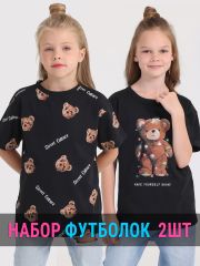 552080 Апрель Футболка черный+тедди на черном / Медведь в гирлянде