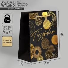 АКЦИЯ! ЦЕНА ЗА 3 ШТ! Пакет подарочный, упаковка, «Поздравляю», чёрный крафт, 18 х 23 х 10 см