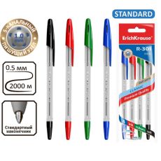 3395634 Набор ручек шариковых 4 цвета ErichKrause R-301 Classic Stick, узел 1.0 мм, чернила: синие, чёрные, красные, зелёные
